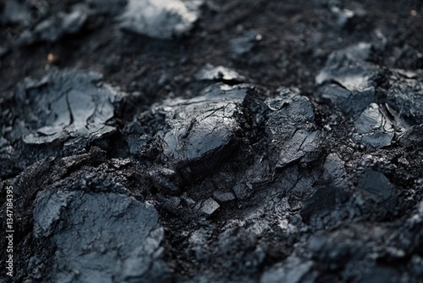 Fototapeta Close-up view of dark, cracked, textured surface resembling asphalt or volcanic rock.