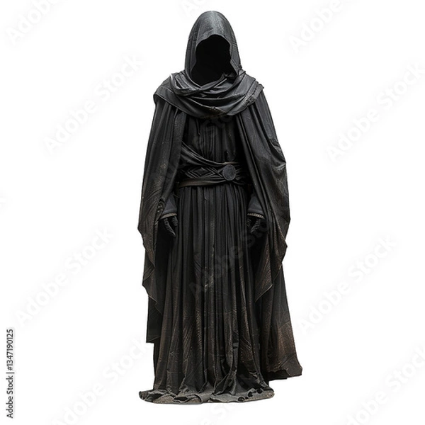Fototapeta Mysterious Dark Hooded Figure in Long Black Robe and Gloves