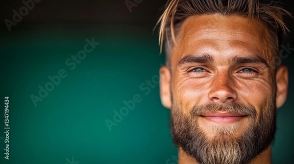Fototapeta Man with a beard and a smile on his face. He is looking at the camera. The image has a happy and friendly mood
