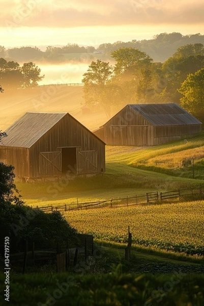Fototapeta Dawn breaking over a peaceful farmland, barns and fields illuminated with soft sunlight.