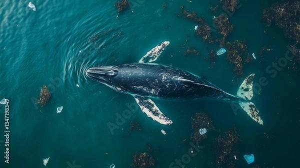 Obraz A whale surrounded by floating plastic waste, struggling to find clean water 