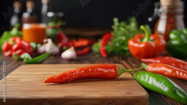 Fototapeta A rustic wooden table displays vibrant red and green chili peppers ready for a spicy food promotion showcasing fresh ingredients and a clean cutting board.