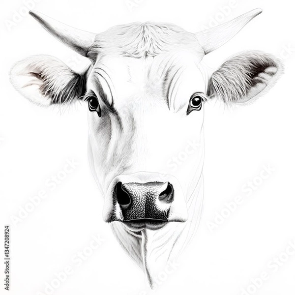 Fototapeta A detailed hand-drawn line art sketch of a white cow's head, showcasing its gentle eyes and prominent horns, a classic farm animal portrait perfect for rustic or agricultural