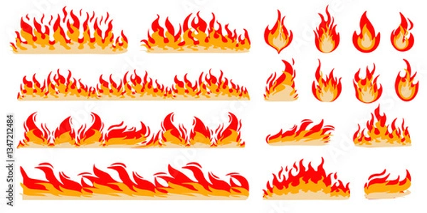 Fototapeta Cartoon fire. Flame of infernal fireballs, red and yellow campfire, hot wildfire and bonfire, burn power. Hellfire, burning icons isolated vector set