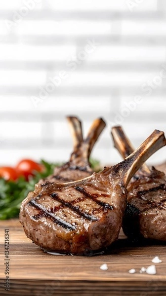 Fototapeta Juicy grilled lamb chops seasoned with salt and herbs rest on a rustic wooden cutting board next to a vibrant side salad of cherry tomatoes and spinach leaves.