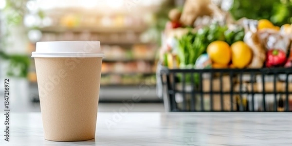 Fototapeta biodegradable takeaway coffee cup on white table with grocery basket full of fresh vegetables in blurred background