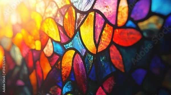 Fototapeta A vibrant stained glass pattern, showcasing colorful shapes and intricate details, illuminated by warm sunlight.