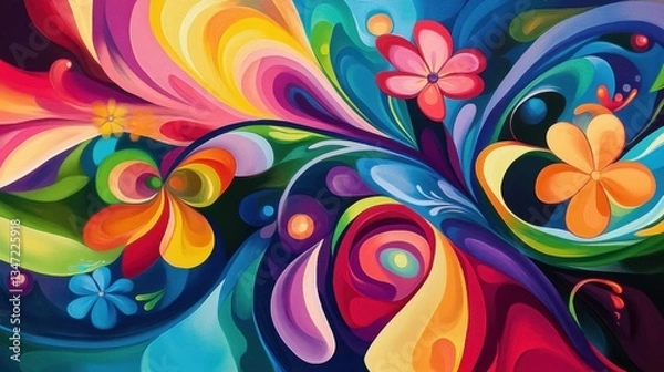 Fototapeta A vibrant abstract painting featuring swirling colors and floral shapes, creating a lively and cheerful atmosphere.
