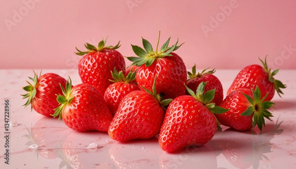 Fototapeta Fresh strawberries with dewdrops on reflective surface, vibrant appeal