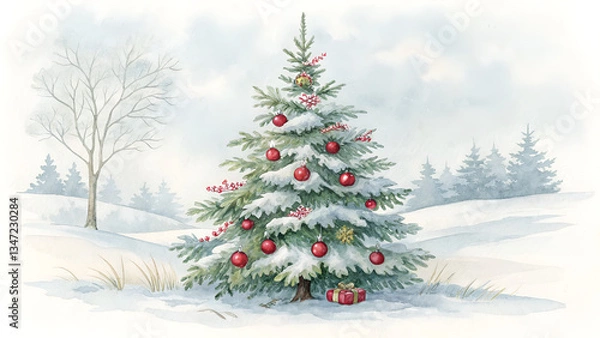 Fototapeta Watercolor painting of a christmas tree decorated with red ornaments in a snowy landscape scene