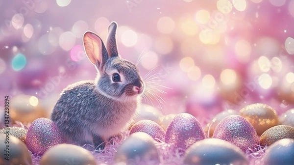 Fototapeta Happy Easter Sign with Glittery Eggs and Cute Bunny Rabbit