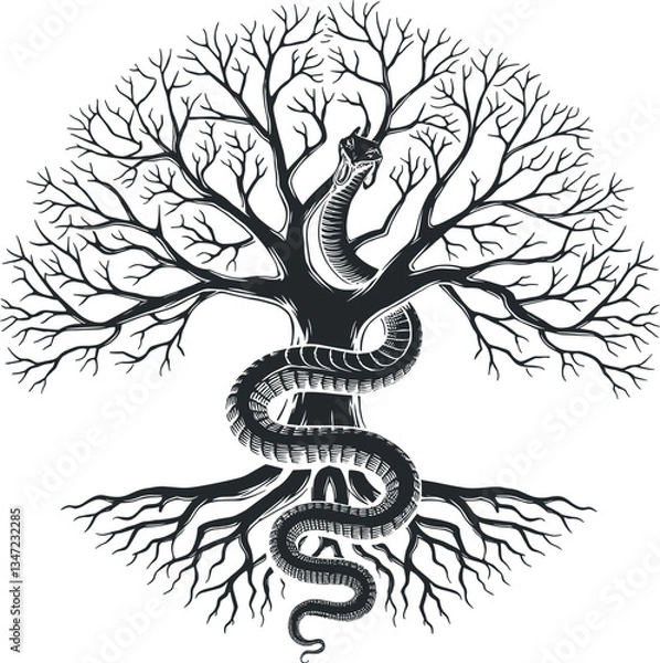Obraz Esoteric Illustration of Ouroboros Snake And Tree of Life isolated on Black. Vector illustration