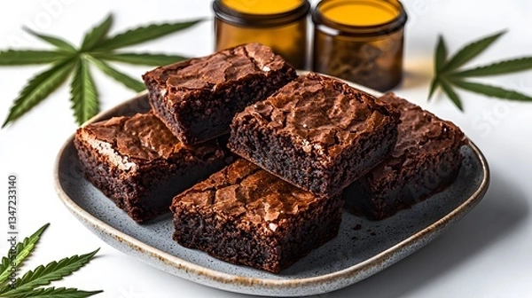 Fototapeta A close-up shot reveals several delicious chocolate brownies arranged on a gray plate, garnished with fresh marijuana leaves and accompanied by small amber jars suggesting