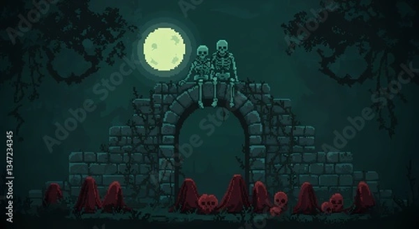 Fototapeta A pixel art image of two skeletons sitting atop a stone arch under a full moon at night. Below the arch, there are red-robed figures and skulls on the ground. The scene is mysterious and eerie, with a