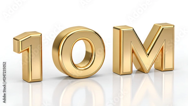Fototapeta Golden ten million symbol on a white surface with reflections in a studio shot close up view