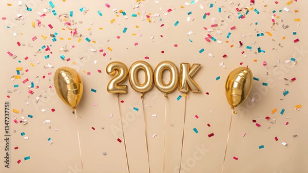 Fototapeta Celebratory arrangement featuring golden balloons spelling out two hundred k with confetti scattered around