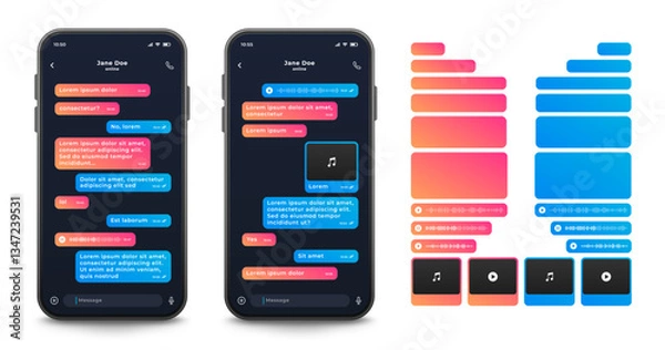 Fototapeta Smartphone with chat application, vector illustration. Messaging mobile app interface template with bubbles for text, audio and video files, voice messages. Social network. 