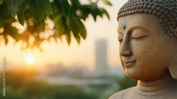 Obraz Golden Buddha statue bathed in warm sunrise glow with greenery in the foreground