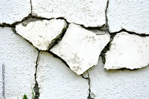 Fototapeta Cracked white stucco wall exterior, showing deterioration, possible repair needed