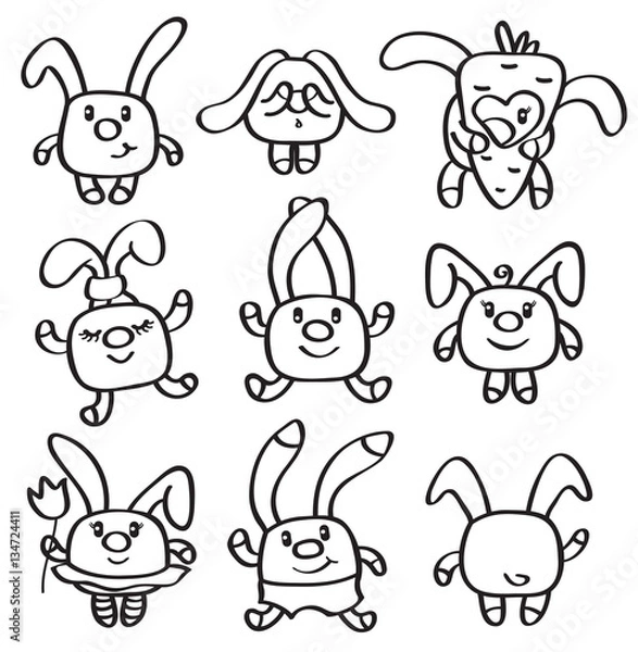 Obraz Vector  set cute  rabbits, black silhouettes  isolated on white.