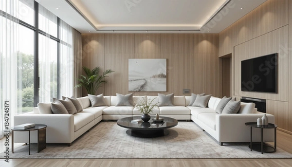 Fototapeta Serene living room invites relaxation with its plush white sectional and bright natural light highlighting soft textures