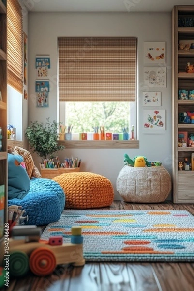 Obraz Dynamic modular children's room interior filled with colorful toys, pouffes, cushions, and books. Concept: dynamic modular children's room interior focusing on playful design, decor.