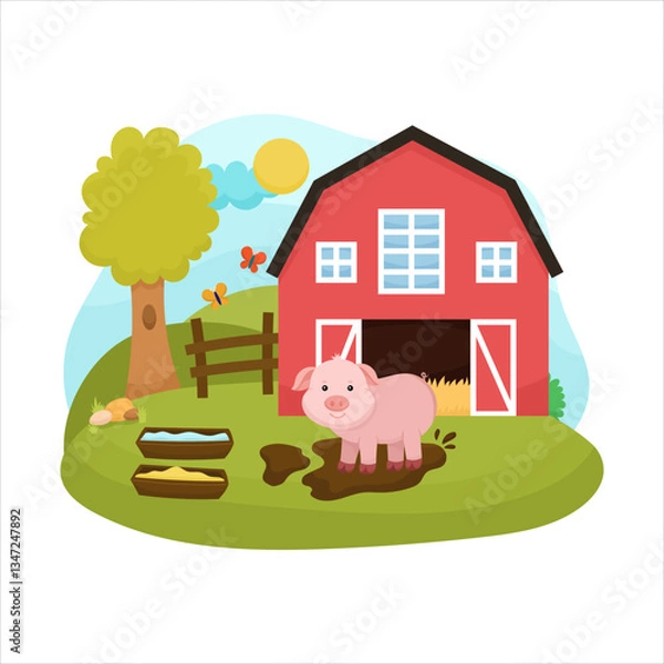 Obraz Cute farm animal scene with little pig, playing in the big brown dirt. In the background is a cute farm with an old hangar and a garden. Cute children's illustration