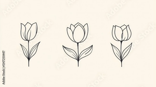 Fototapeta Three Minimalist Tulip Line Art Illustrations.