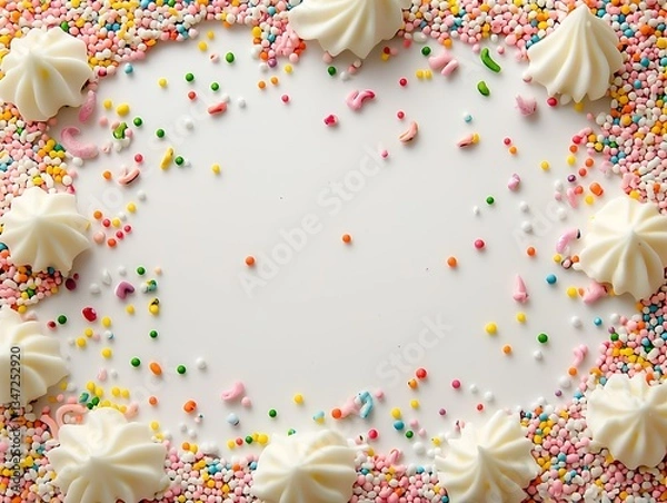 Fototapeta Colorful sprinkles and meringues frame a white background; perfect for party invitations or food blogs