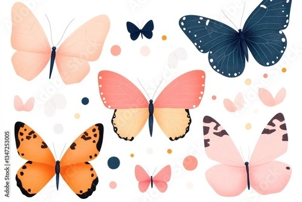 Fototapeta A vibrant collection of stylized butterflies in various colors and shapes against a white background, perfect for nature-themed projects, invitations, or digital designs