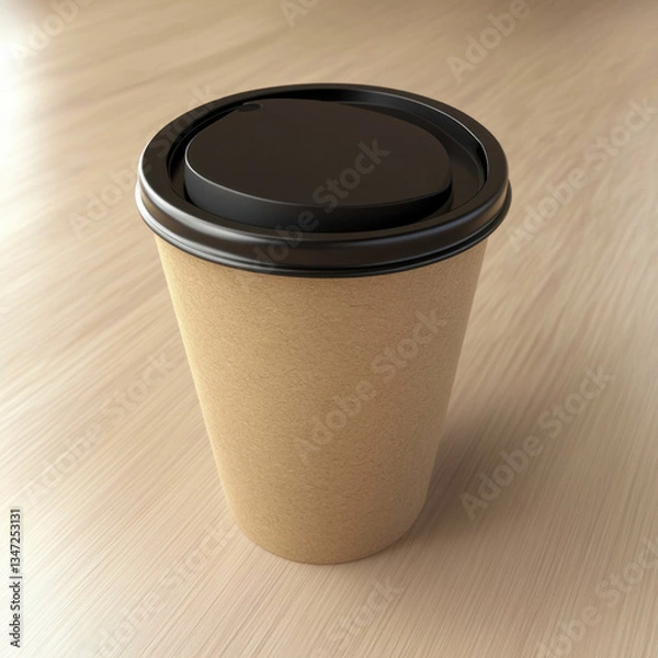 Fototapeta A cardboard coffee cup with a black lid sits on a smooth, light wood surface against a plain white background