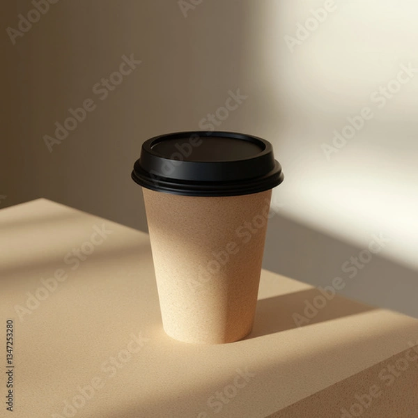 Fototapeta A cardboard coffee cup with a black lid sits on a smooth, light wood surface against a plain white background