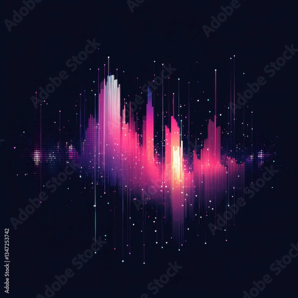 Fototapeta A vibrant, abstract visualization of sound waves or music frequencies, depicted as vertical bars and glowing particles in shades of pink, purple, orange, and blue. 