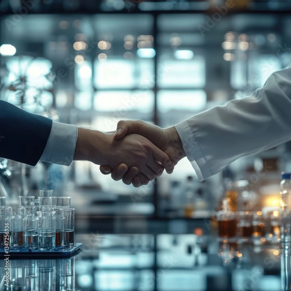 Fototapeta A handshake between two individuals, one in a lab coat and the other in formal attire, symbolizes collaboration and partnership in a laboratory setting with test tubes and blurred equipment
