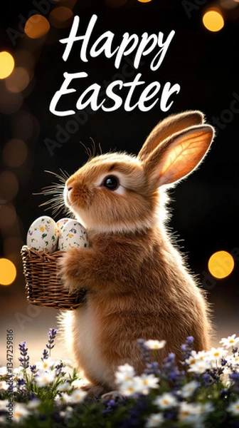 Fototapeta A digitally created image with a light brown Easter bunny holding a small woven basket filled with decorated Easter eggs. The bunny is surrounded by small white and purple flowers. "Happy Easter"