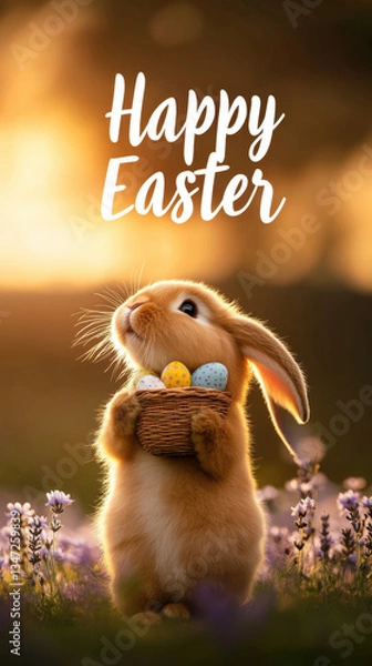 Fototapeta A digitally created image with a light brown Easter bunny holding a small woven basket filled with decorated Easter eggs. The bunny is surrounded by small white and purple flowers. "Happy Easter"