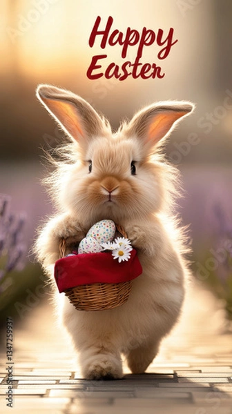Fototapeta A digitally created image with a light brown Easter bunny holding a small woven basket filled with decorated Easter eggs. The bunny is surrounded by small white and purple flowers. "Happy Easter"