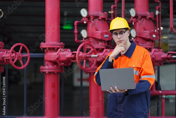 Fototapeta Male engineer inspects water pipelines in the engineering system area of the factory outside where various pipelines are designed modernly. Technicians work in the industry.