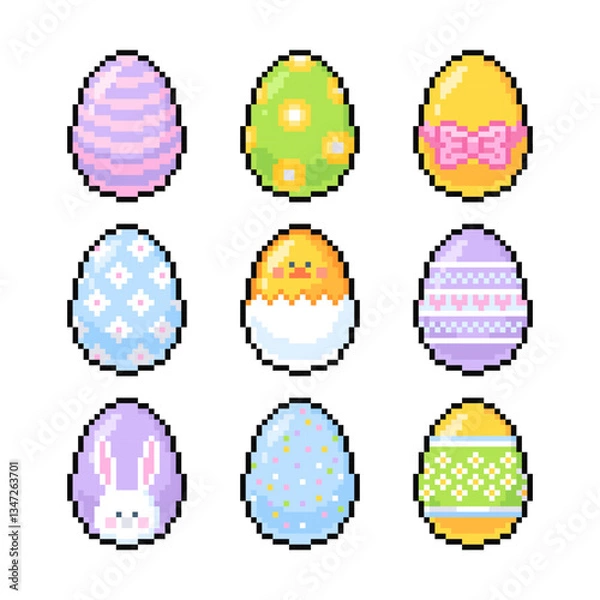 Obraz Pixel Easter eggs set isolated on transparent background. Pixelated badge, game asset or computer arcade item. Spring holiday egg hunt icons. Vector pixel art illustration in 16 bit old style.