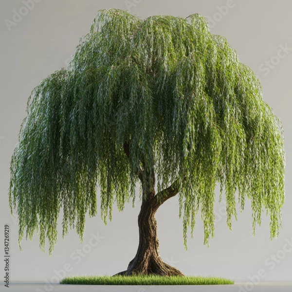 Fototapeta A realistic 3D rendering of a willow tree featuring gracefully drooping branches with lush green foliage. The tree has a textured, curving trunk and is set against a plain white background