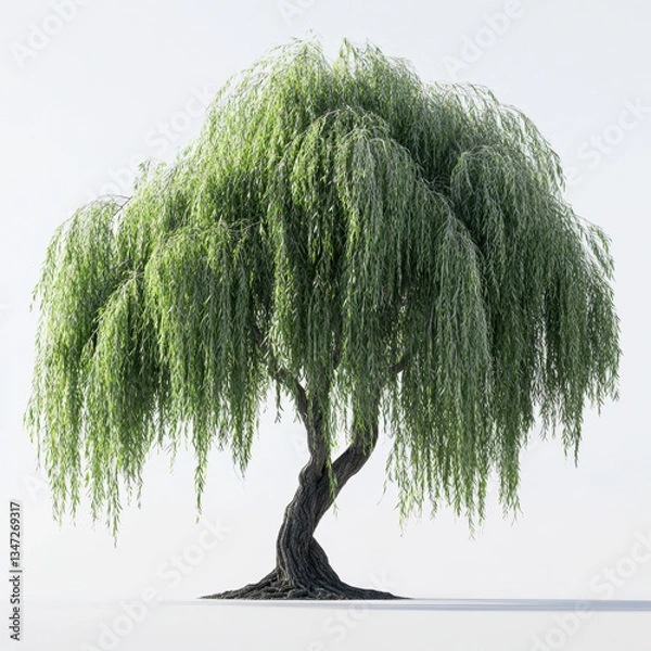 Fototapeta A realistic 3D rendering of a willow tree featuring gracefully drooping branches with lush green foliage. The tree has a textured, curving trunk and is set against a plain white background