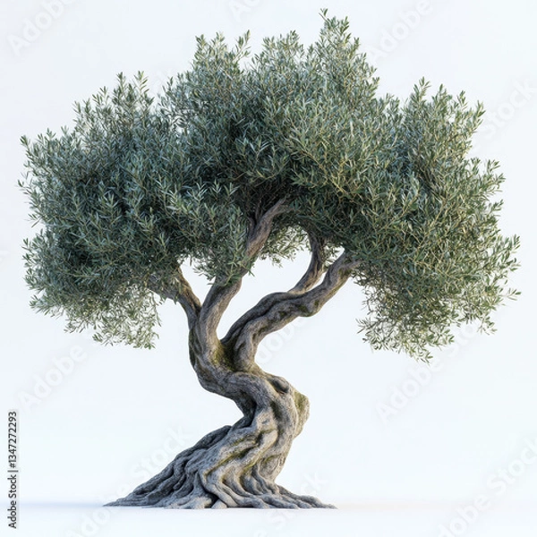 Fototapeta A realistic 3D-rendered olive tree with a gnarled, textured trunk and a full canopy of silvery-green leaves. The tree is rooted in a rocky base, surrounded by moss, and set against a clean white backg