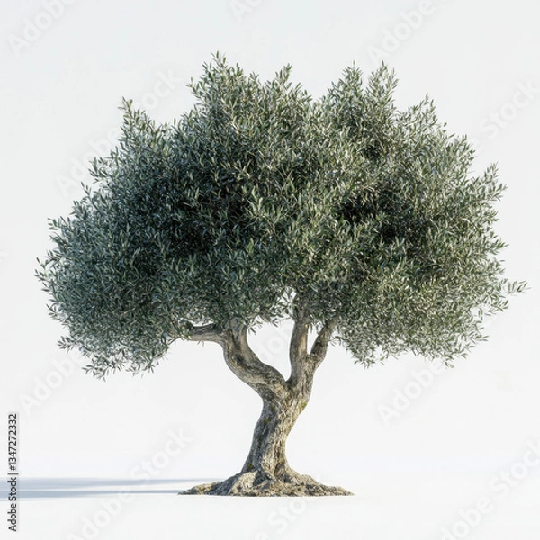 Fototapeta A realistic 3D-rendered olive tree with a gnarled, textured trunk and a full canopy of silvery-green leaves. The tree is rooted in a rocky base, surrounded by moss, and set against a clean white backg