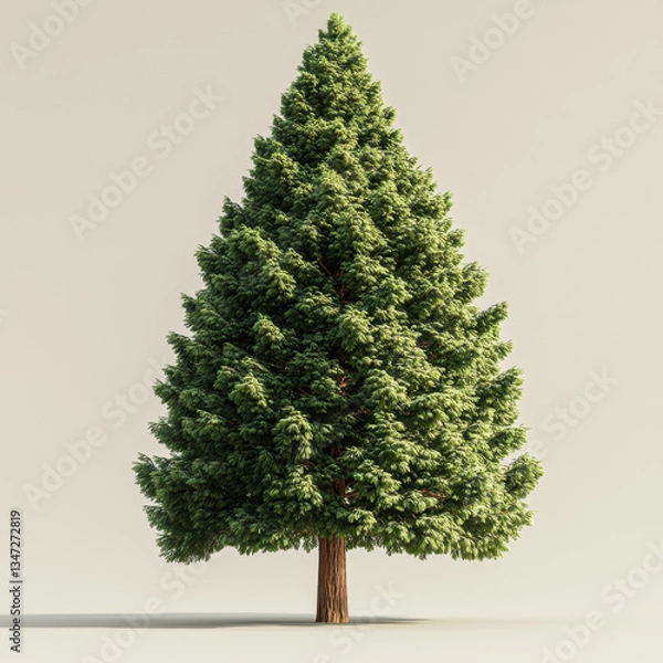 Fototapeta A realistically rendered redwood tree with a thick, textured trunk and dense, green foliage. The tree is set against a plain white background