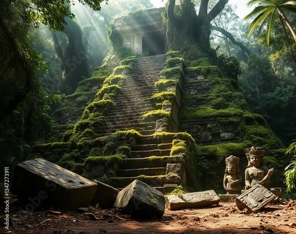 Fototapeta MYSTERIOUS ANCIENT MAYAN TEMPLE LOST IN THE JUNGLE, WITH SUNLIGHT PEERING THROUGH – A GENERATIVE MASTERPIECE