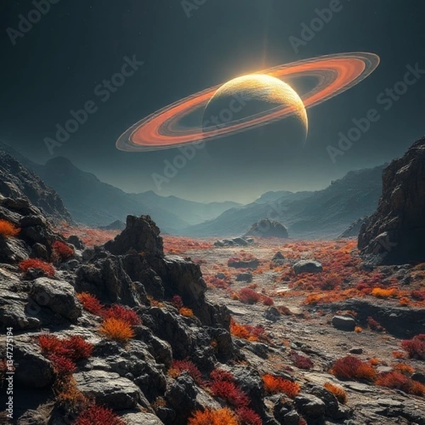 Fototapeta OTHERWORLDLY SCENE OF AN EXOPLANET WITH A RINGED PLANET IN THE SKY