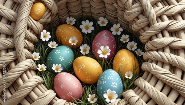 Fototapeta PASTEL EASTER EGGS SURROUNDED BY SPRING FLOWERS IN A BASKET