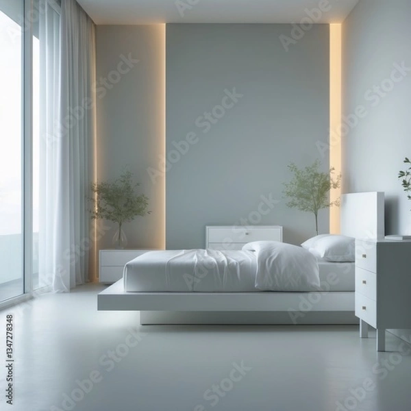 Fototapeta STYLISH WHITE BEDROOM WITH SLEEK FURNITURE AND SOFT NATURAL LIGHT