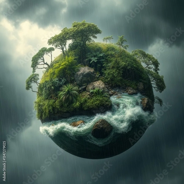 Fototapeta TROPICAL FLOATING LANDSCAPE WITH WATERFALLS AND RAINDROPS