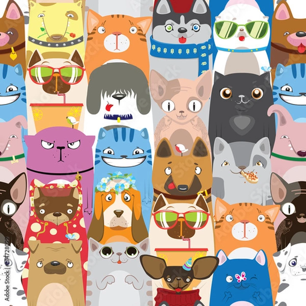 Fototapeta colorful pattern with funny cats and dogs